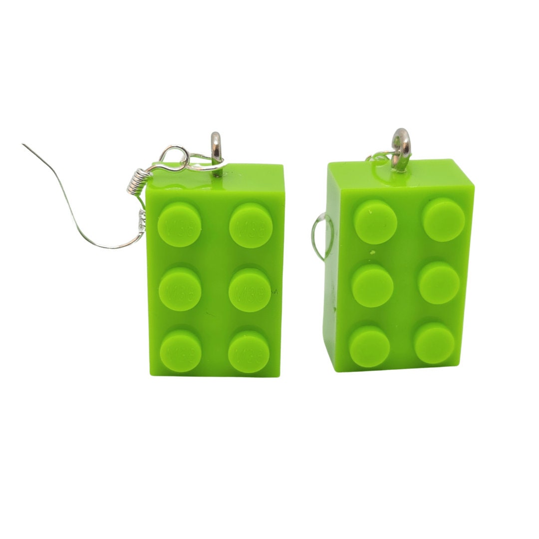 Lime Green Lego-style Bricks Handmade 'Sixes' Dangling Drop Earrings