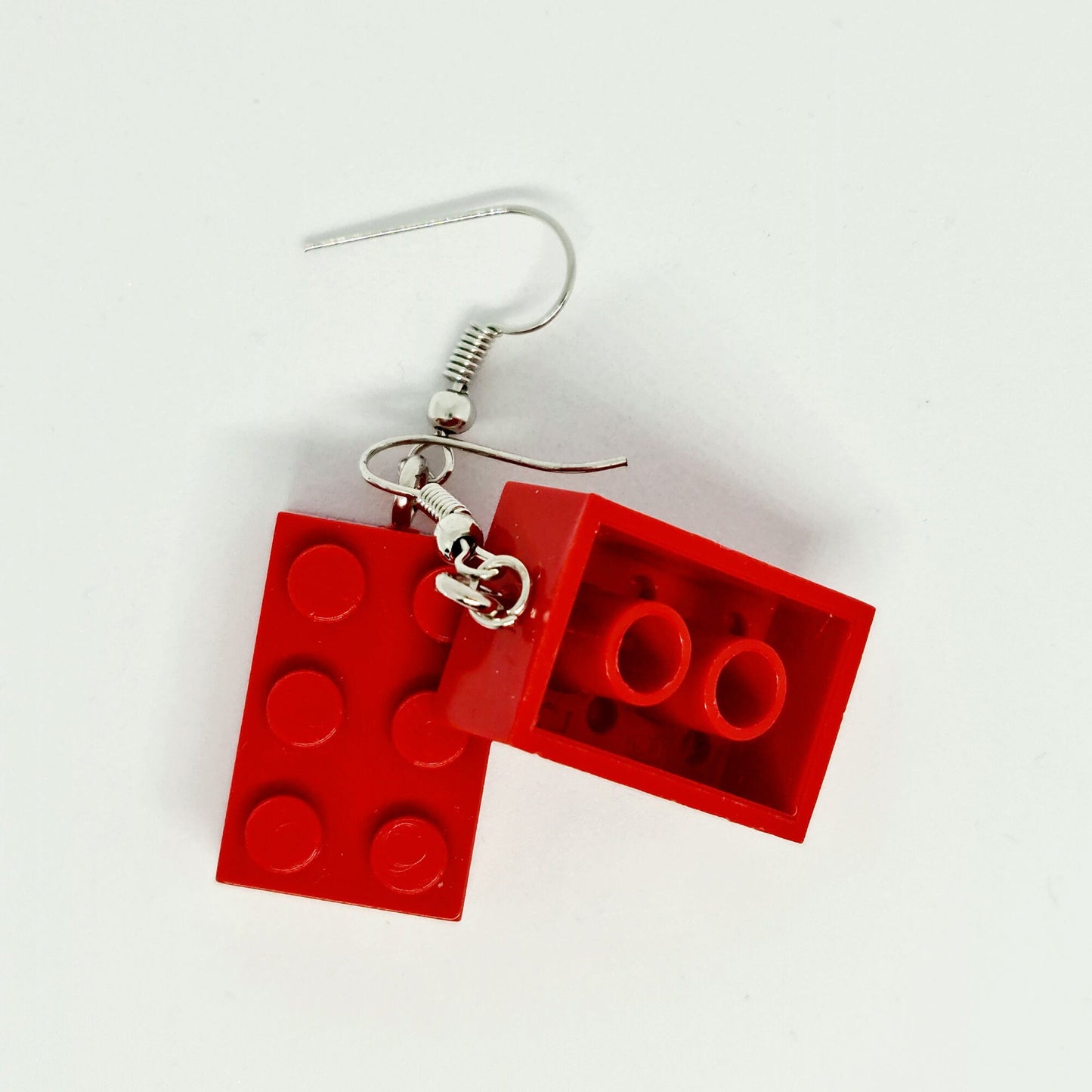 Red Lego-style Bricks Handmade 'Sixes' Dangling Drop Earrings