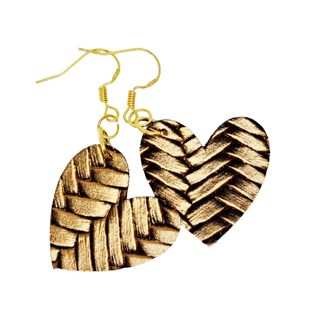 Diagonal Woven Style Vegan Faux Leather Heart Earrings in Gold, Silver or Electric Blue