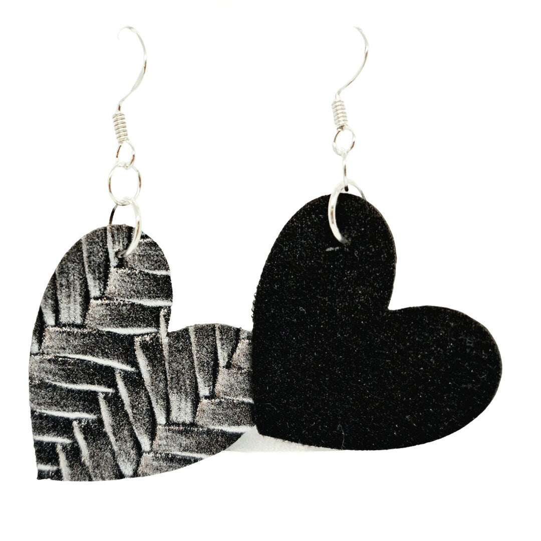 Diagonal Woven Style Vegan Faux Leather Heart Earrings in Gold, Silver or Electric Blue