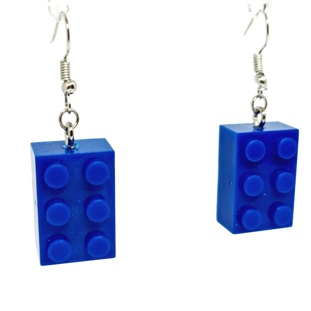 Royal Blue Lego-style Bricks Handmade 'Sixes' Dangling Drop Earrings
