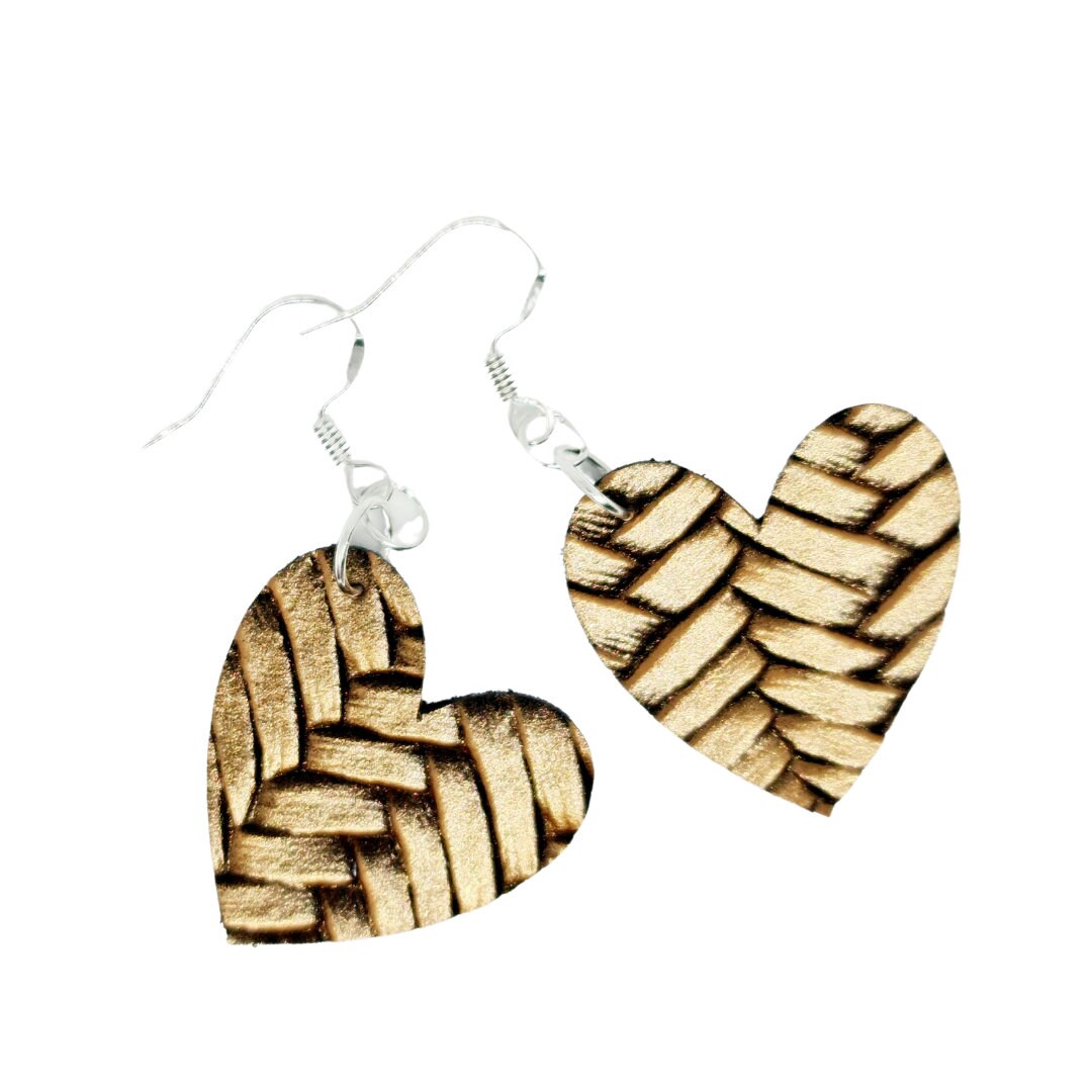 Diagonal Woven Style Vegan Faux Leather Heart Earrings in Gold, Silver or Electric Blue