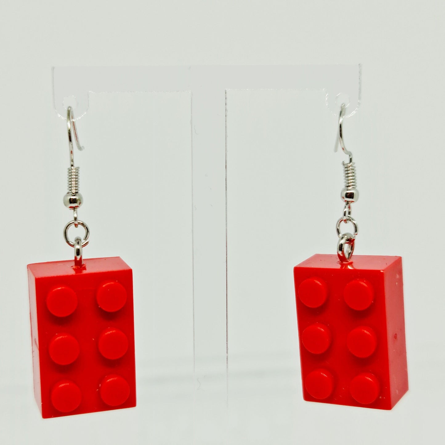 Red Lego-style Bricks Handmade 'Sixes' Dangling Drop Earrings
