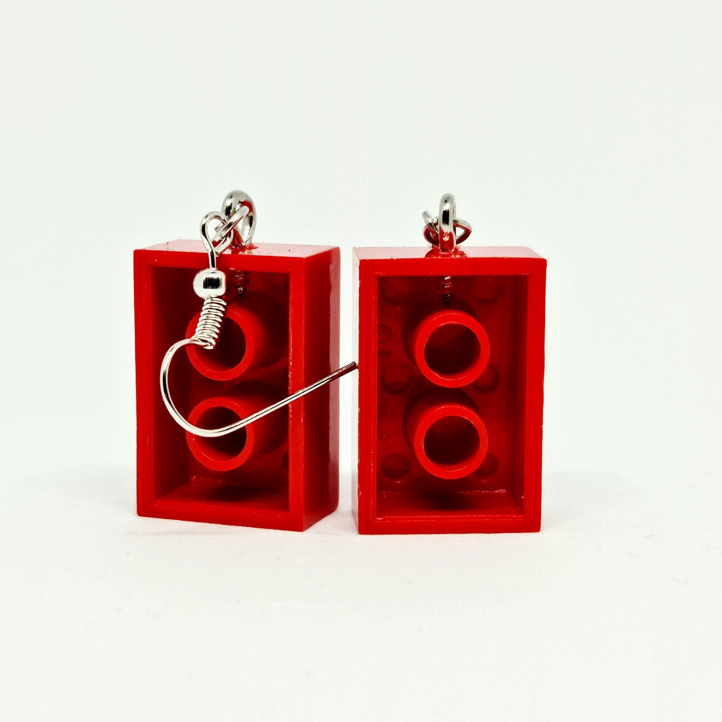 Red Lego-style Bricks Handmade 'Sixes' Dangling Drop Earrings