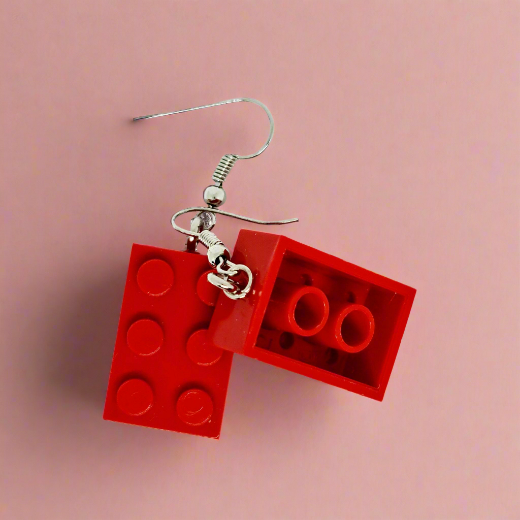 Red Lego-style Bricks Handmade 'Sixes' Dangling Drop Earrings