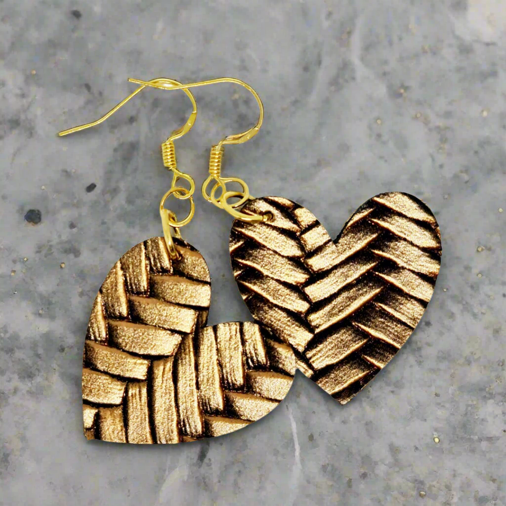 Diagonal Woven Style Vegan Faux Leather Heart Earrings in Gold, Silver or Electric Blue