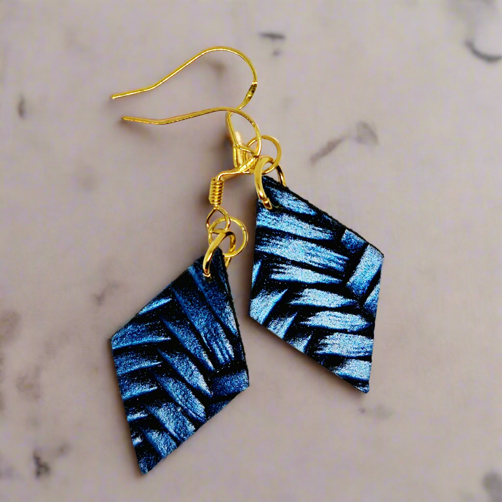 Electric Blue Woven Vegan Faux Leather Diamond Earrings