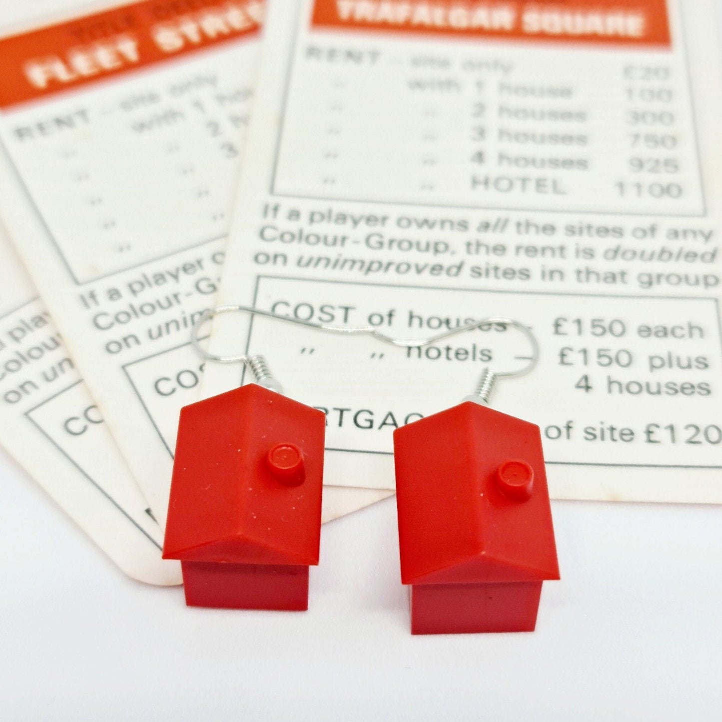 Handmade Red Monopoly® Hotel Silver Drop Earrings