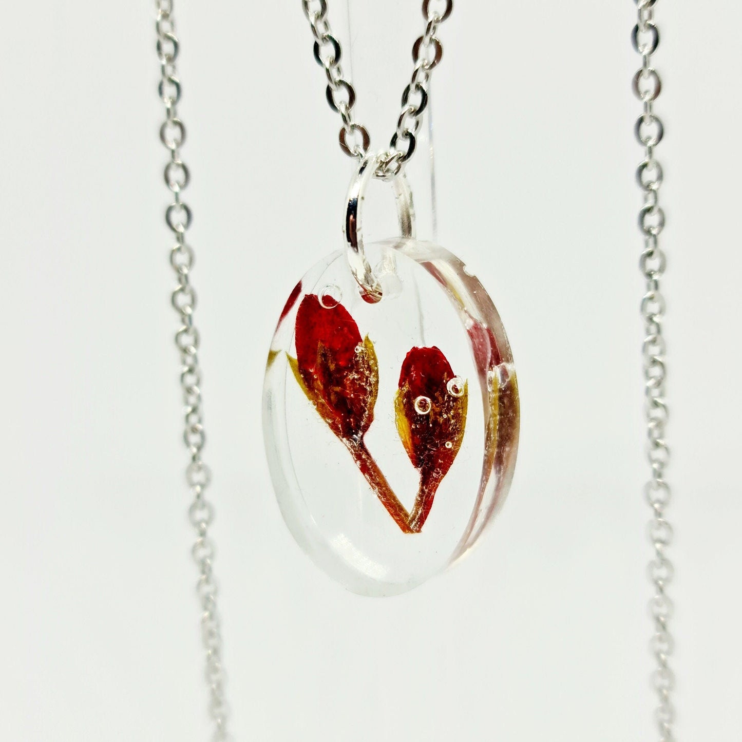 Red Wild Flower Handmade Oval Necklace with Silver Stainless Steel Chain