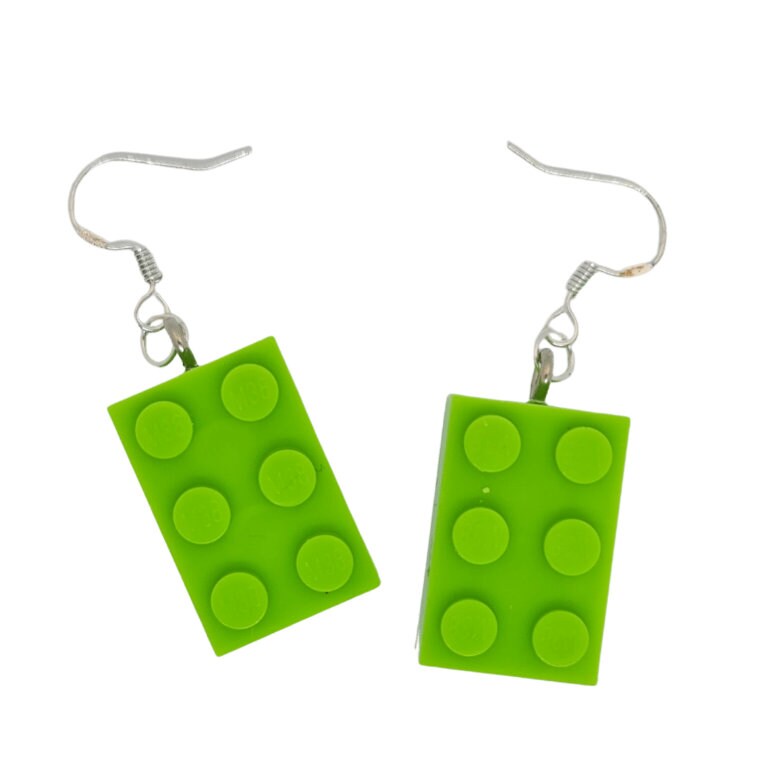 Lime Green Lego-style Bricks Handmade 'Sixes' Dangling Drop Earrings