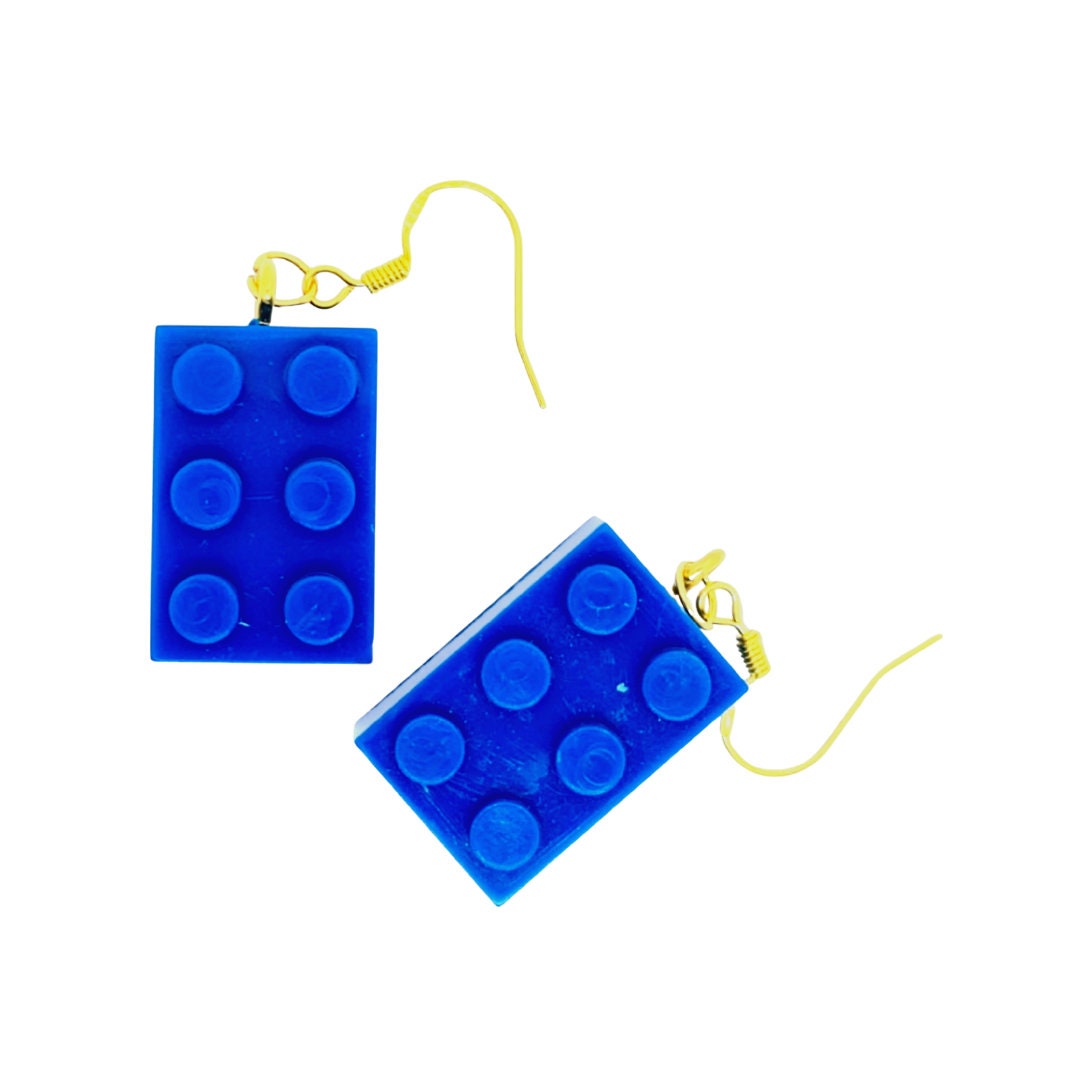 Royal Blue Lego-style Bricks Handmade 'Sixes' Dangling Drop Earrings