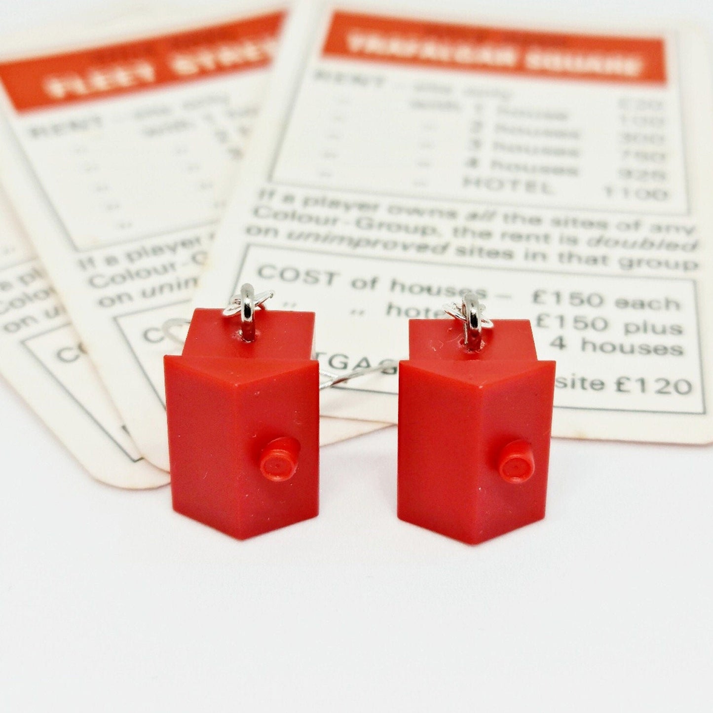 Handmade Red Monopoly® Hotel Silver Drop Earrings