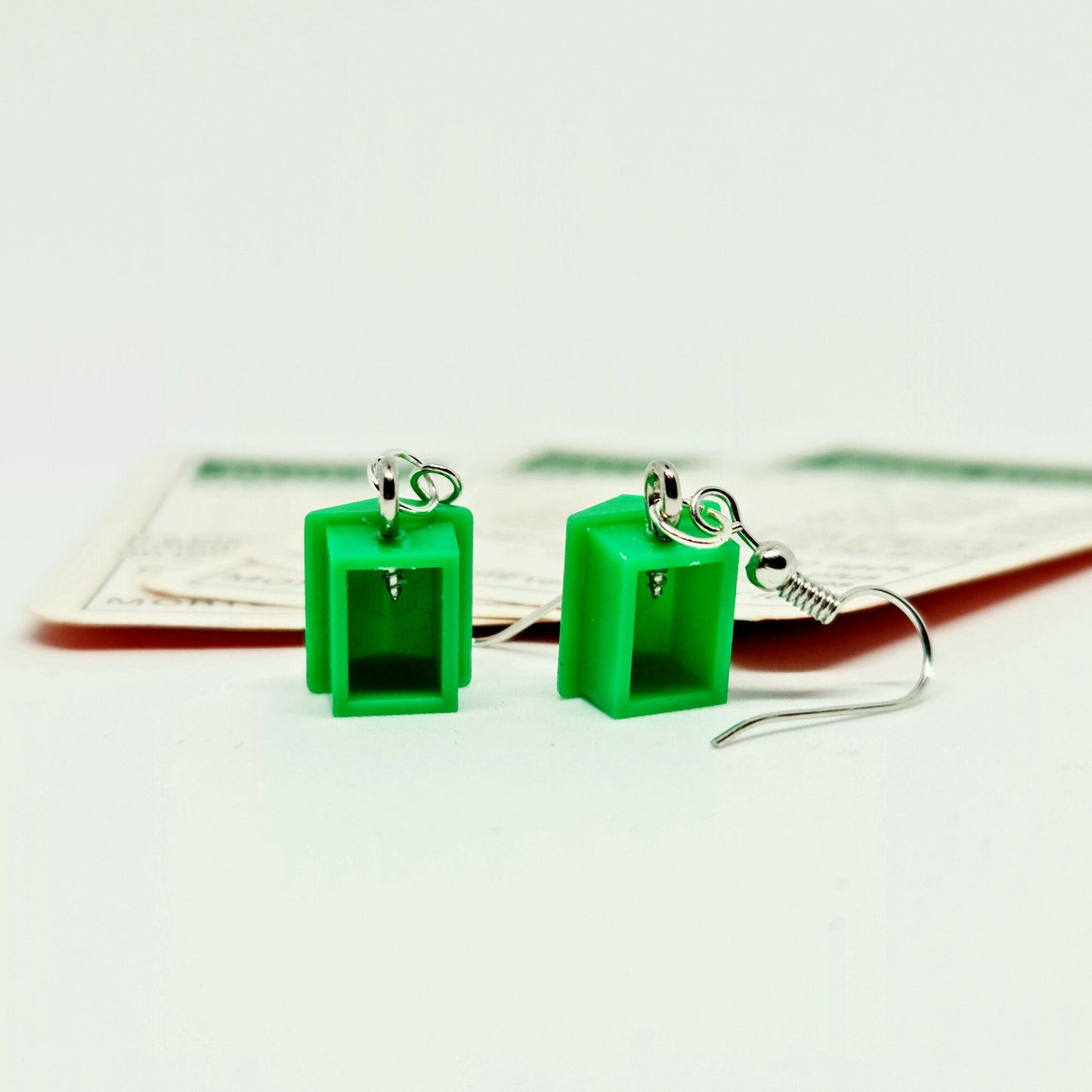 Handmade Green Monopoly® House Silver Drop Earrings