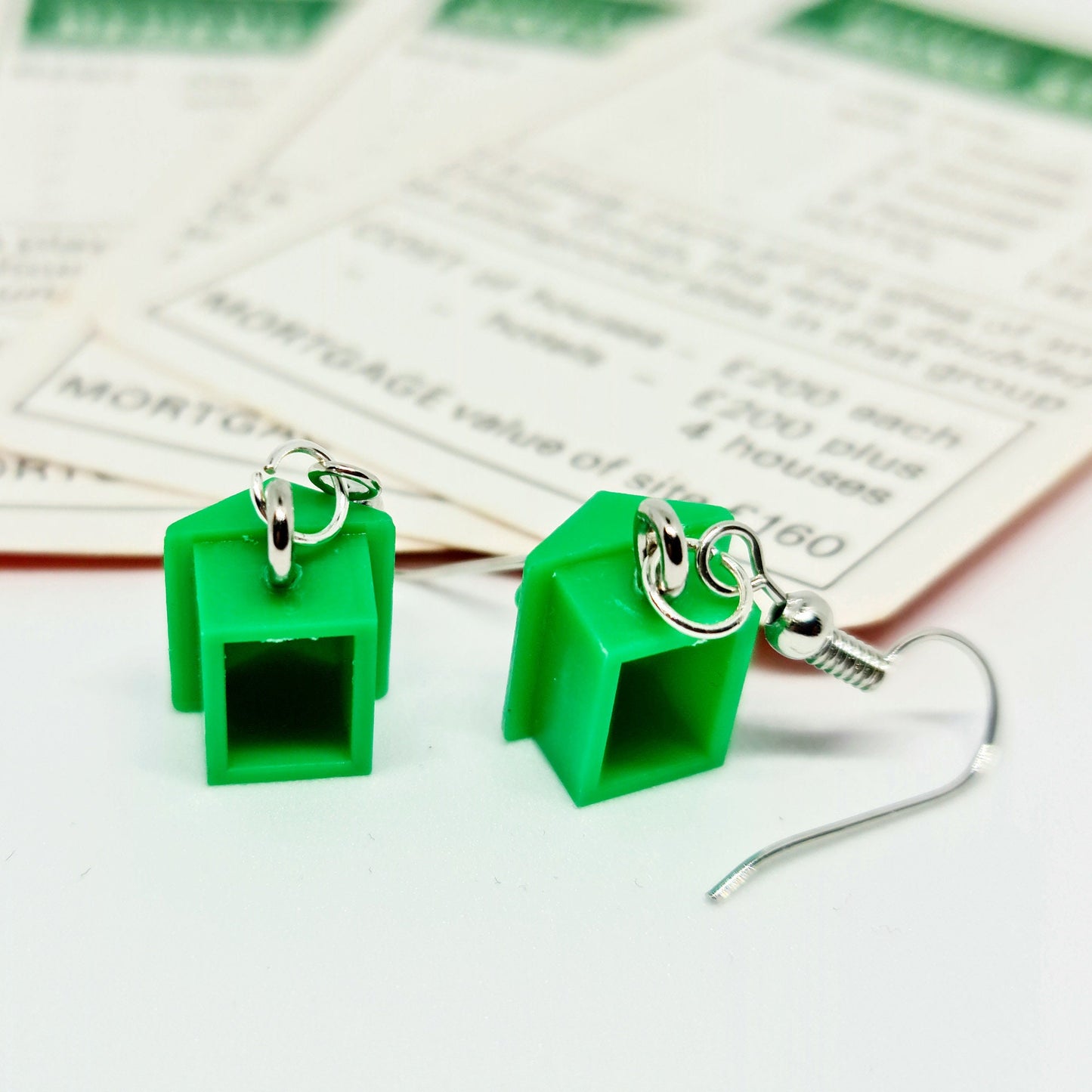 Handmade Green Monopoly® House Silver Drop Earrings