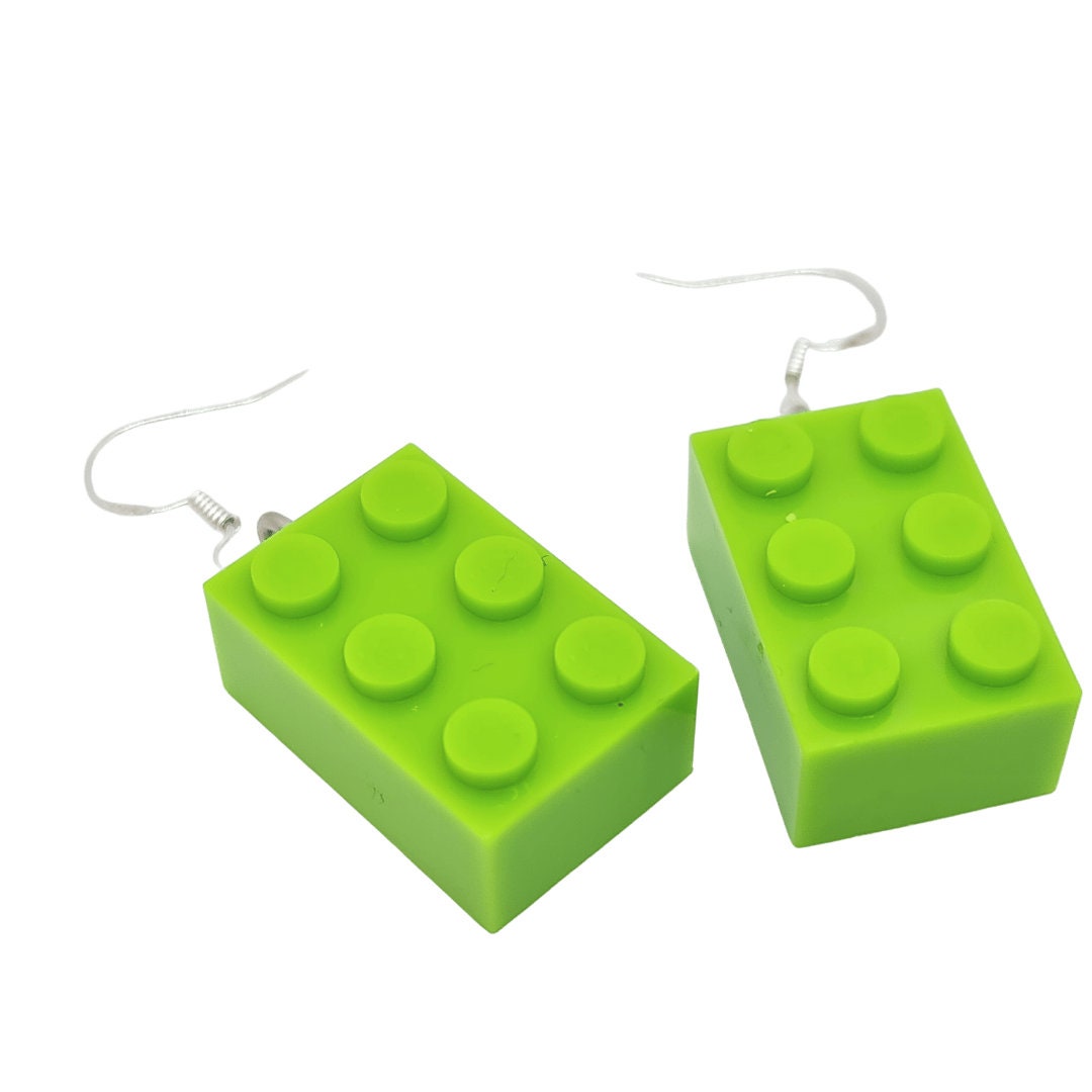 Lime Green Lego-style Bricks Handmade 'Sixes' Dangling Drop Earrings
