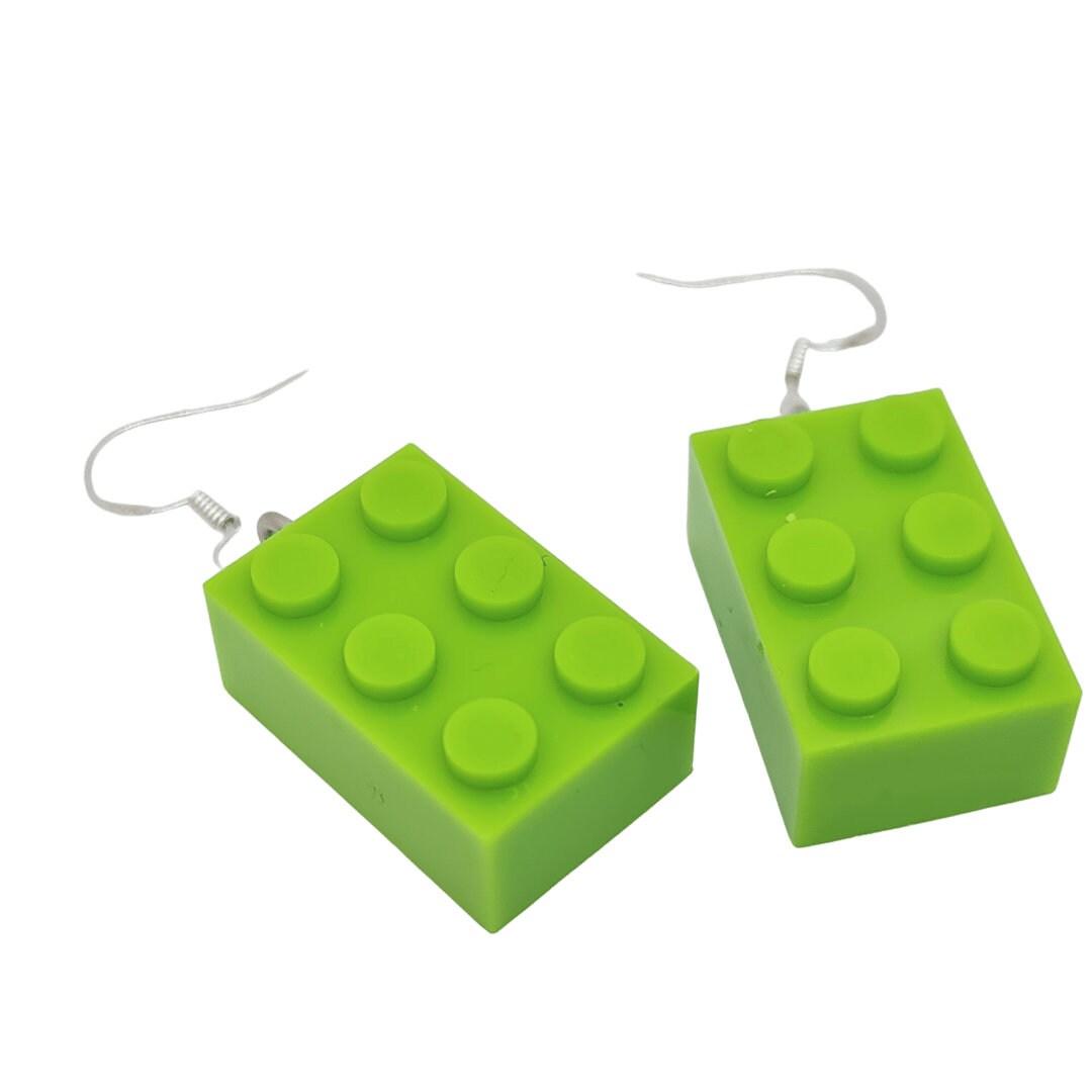 Lime Green Lego-style Bricks Handmade 'Sixes' Dangling Drop Earrings