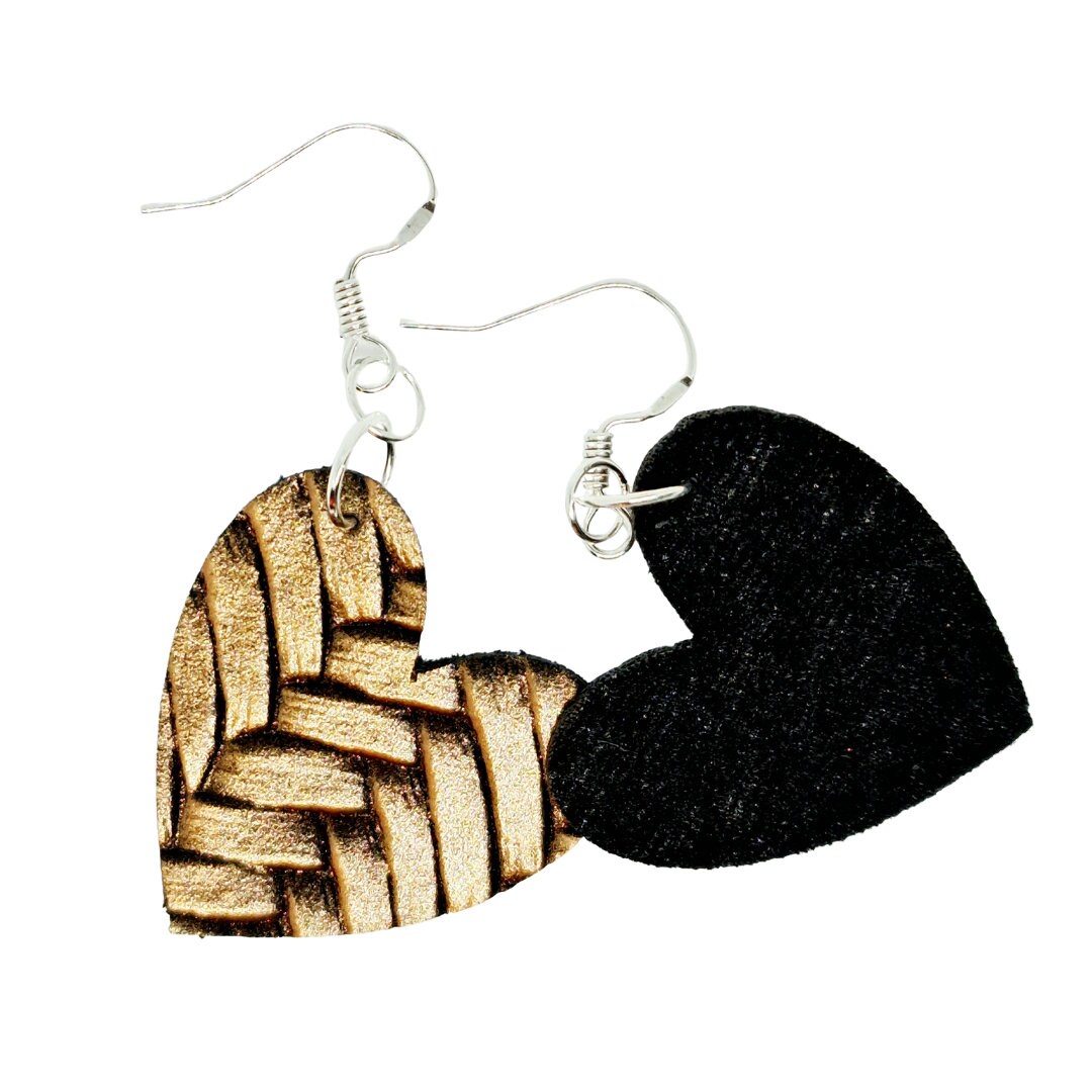 Diagonal Woven Style Vegan Faux Leather Heart Earrings in Gold, Silver or Electric Blue