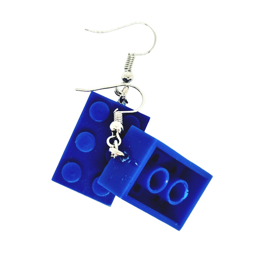 Royal Blue Lego-style Bricks Handmade 'Sixes' Dangling Drop Earrings
