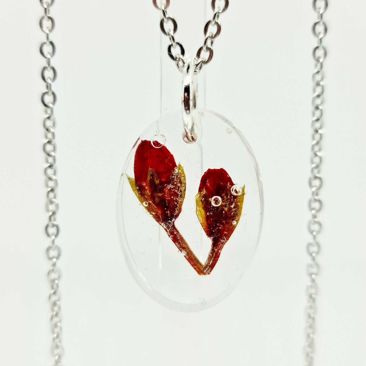 Red Wild Flower Handmade Oval Necklace with Silver Stainless Steel Chain