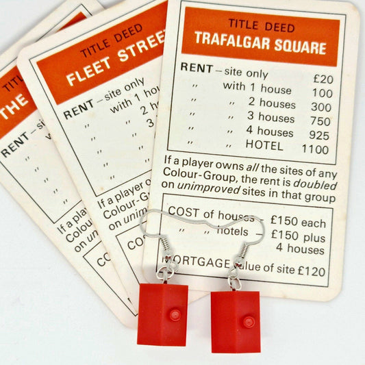 Handmade Red Monopoly® Hotel Silver Drop Earrings
