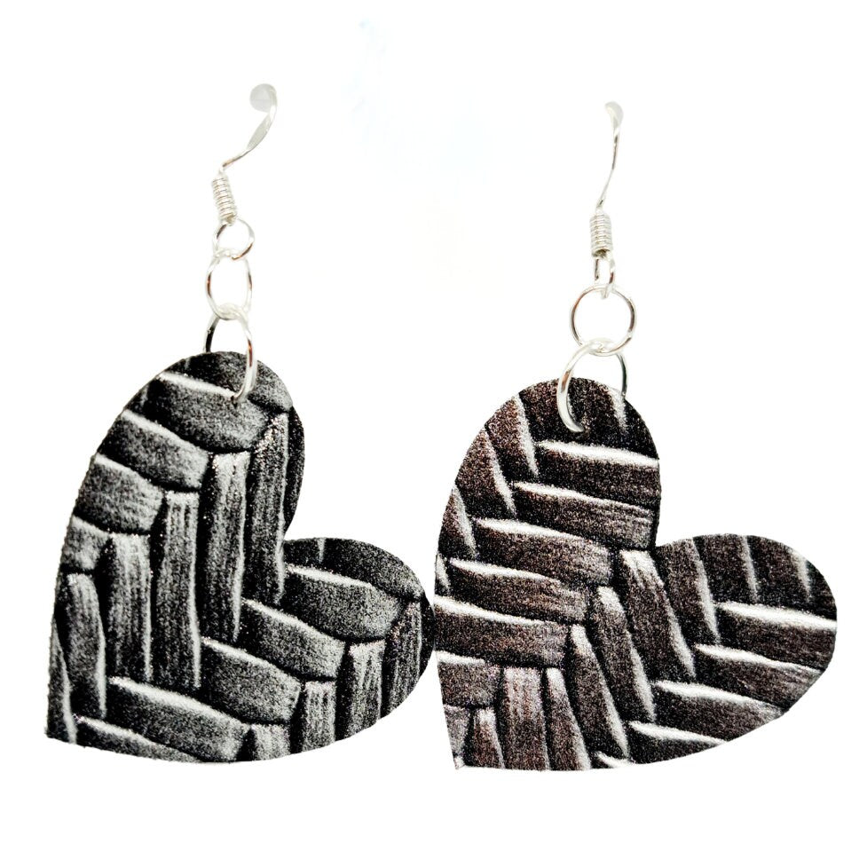 Diagonal Woven Style Vegan Faux Leather Heart Earrings in Gold, Silver or Electric Blue