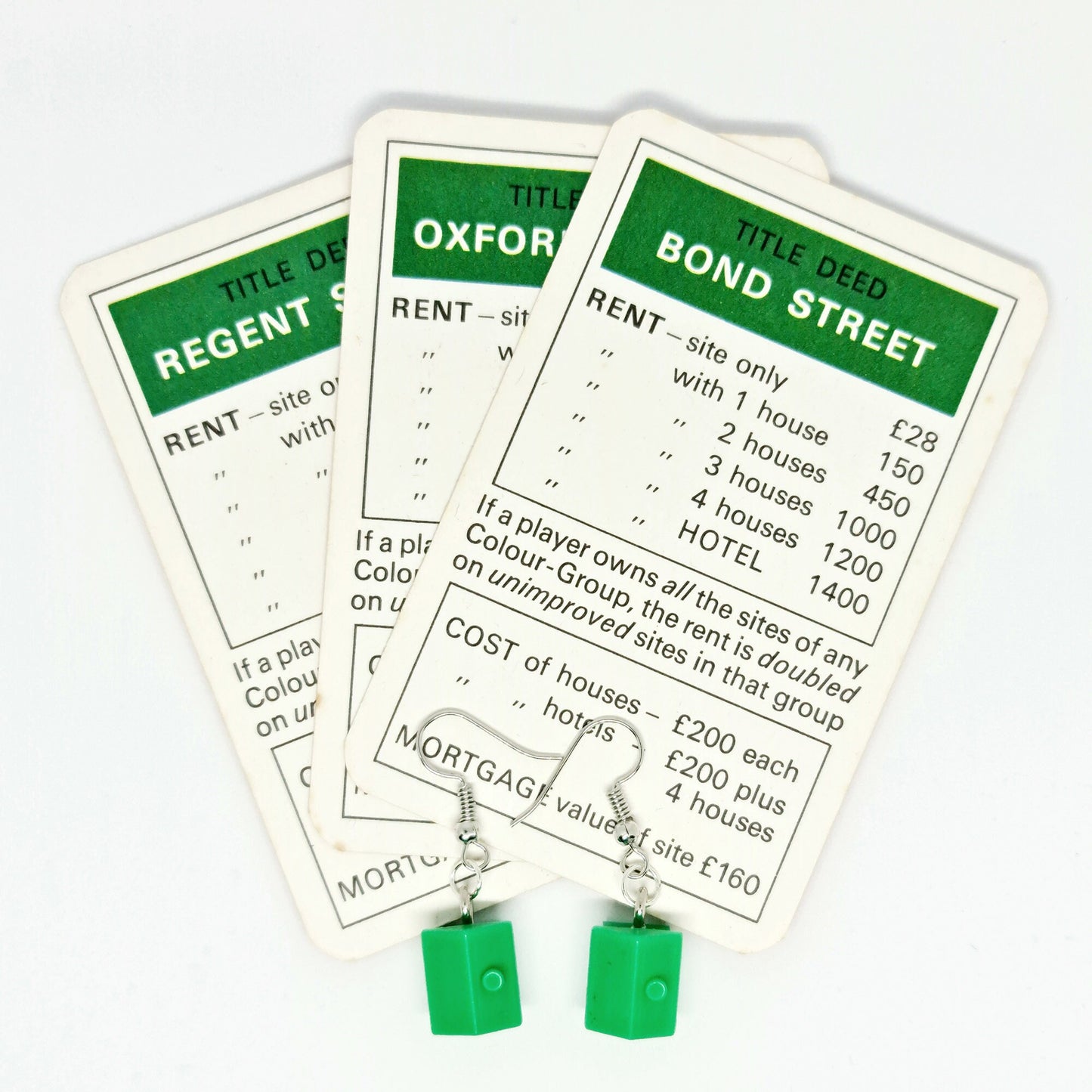 Handmade Green Monopoly® House Silver Drop Earrings