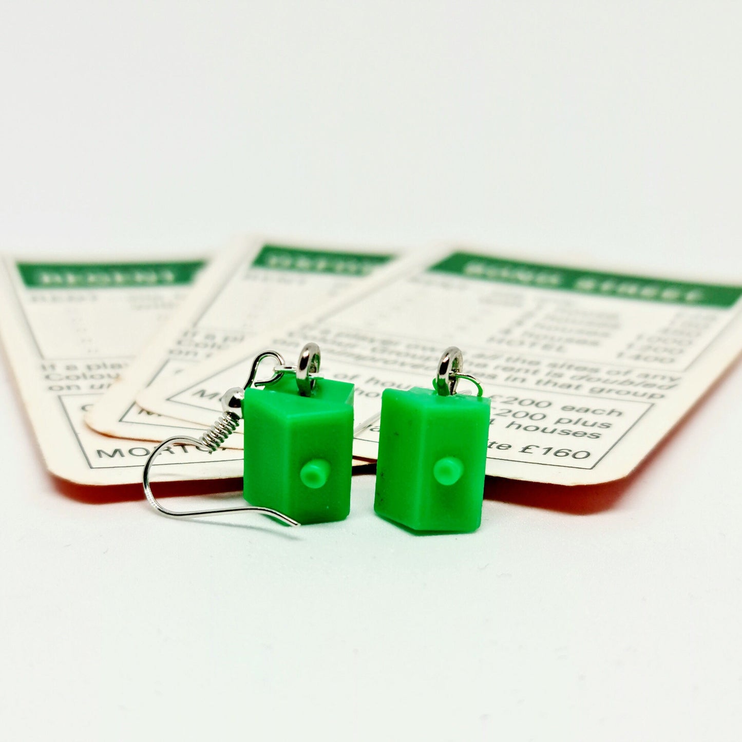 Handmade Green Monopoly® House Silver Drop Earrings