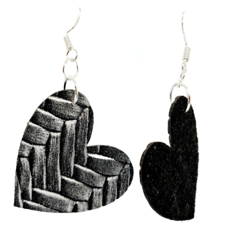 Diagonal Woven Style Vegan Faux Leather Heart Earrings in Gold, Silver or Electric Blue