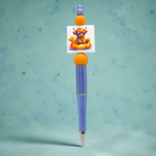 'Coo on a Rubber Duck' Highland Cow Handmade Ballpoint Pen in Blue & Orange
