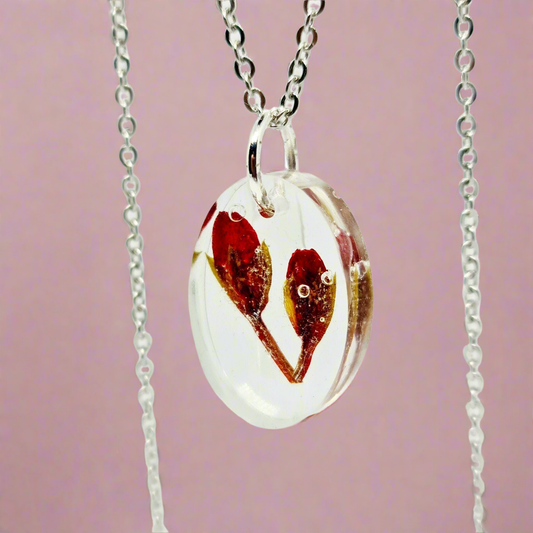 Red Wild Flower Handmade Oval Necklace with Silver Stainless Steel Chain