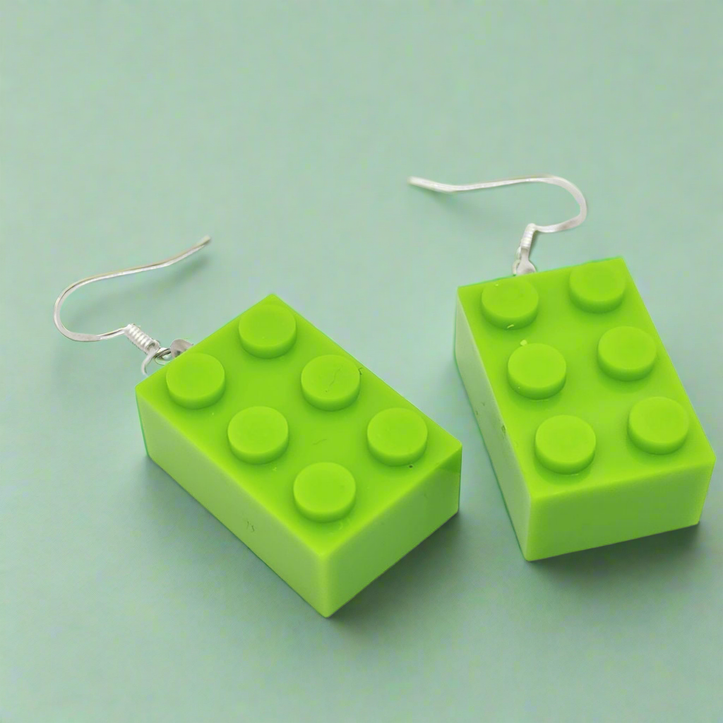 Lime Green Lego-style Bricks Handmade 'Sixes' Dangling Drop Earrings