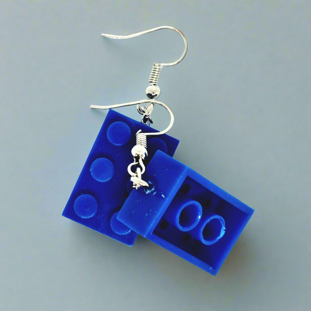 Royal Blue Lego-style Bricks Handmade 'Sixes' Dangling Drop Earrings