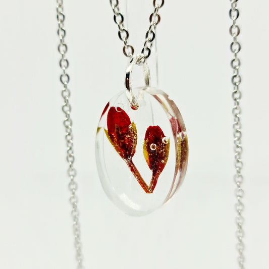 Red Wild Flower Handmade Oval Necklace with Silver Stainless Steel Chain