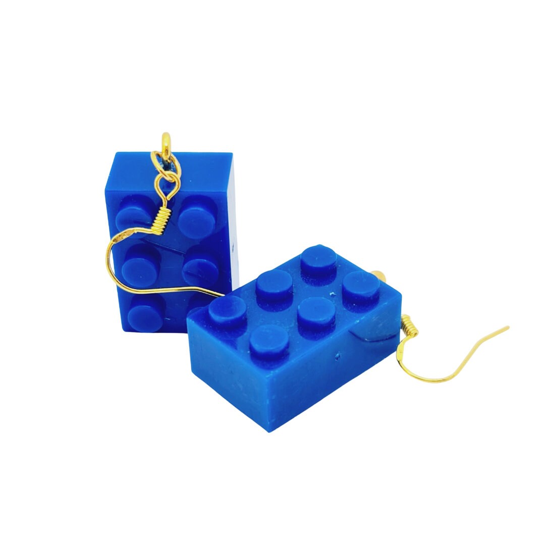 Royal Blue Lego-style Bricks Handmade 'Sixes' Dangling Drop Earrings