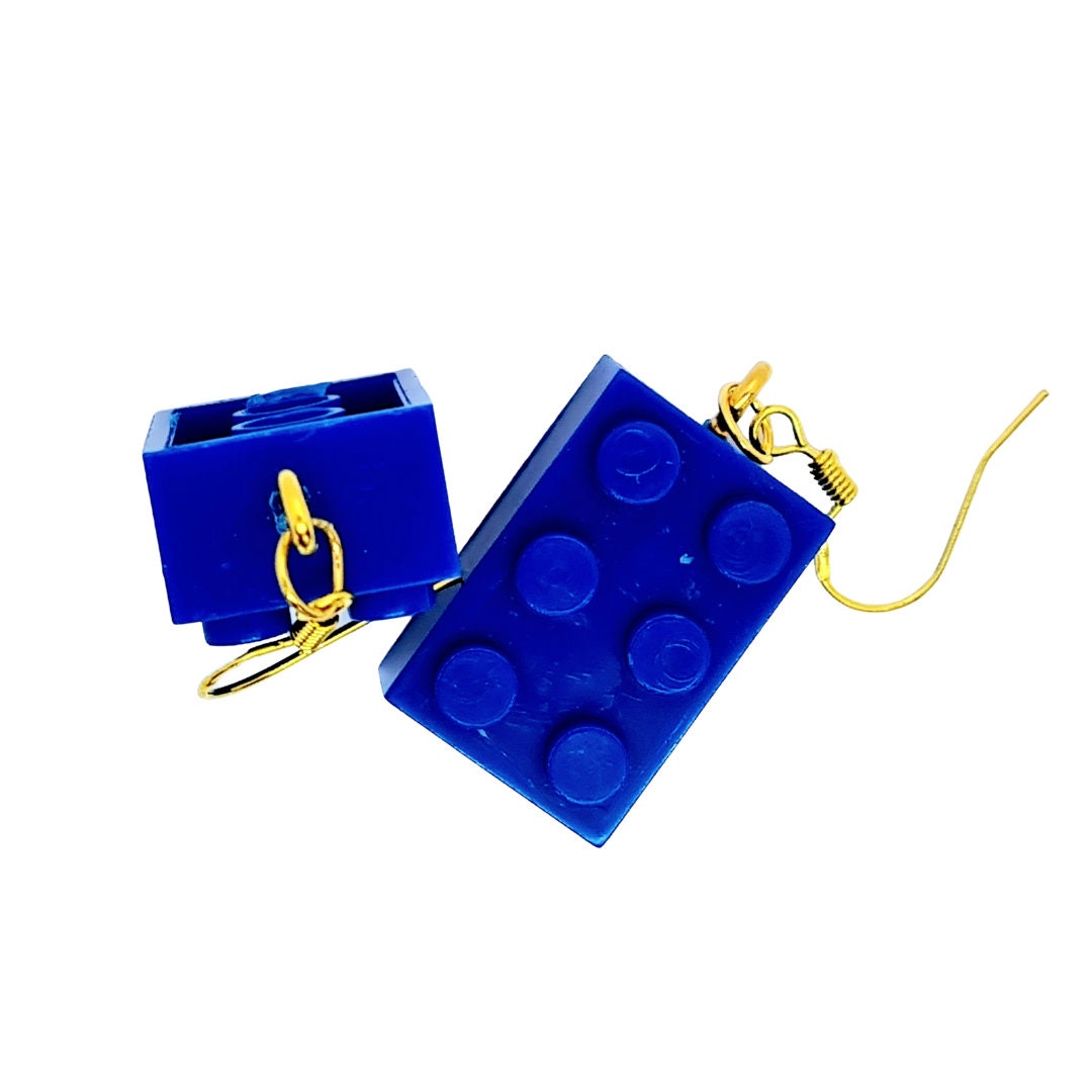 Royal Blue Lego-style Bricks Handmade 'Sixes' Dangling Drop Earrings