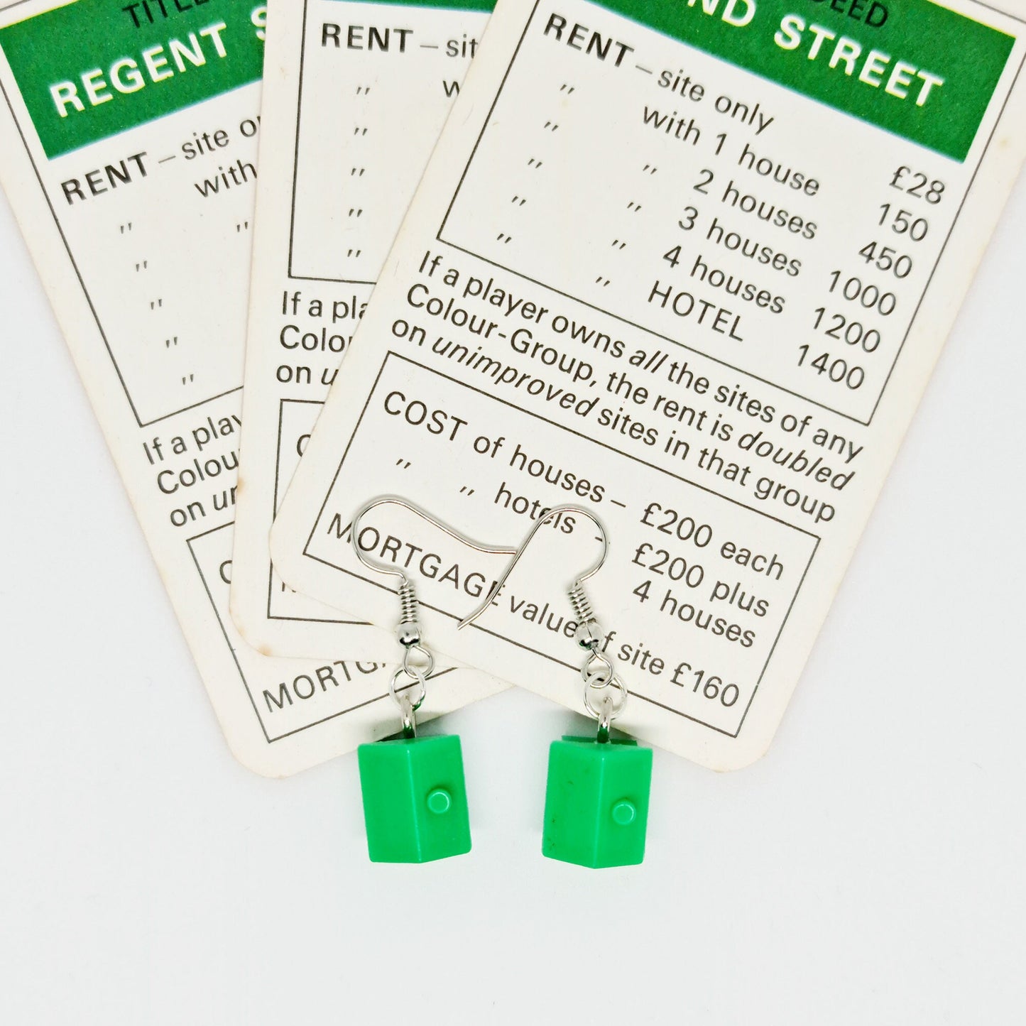 Handmade Green Monopoly® House Silver Drop Earrings