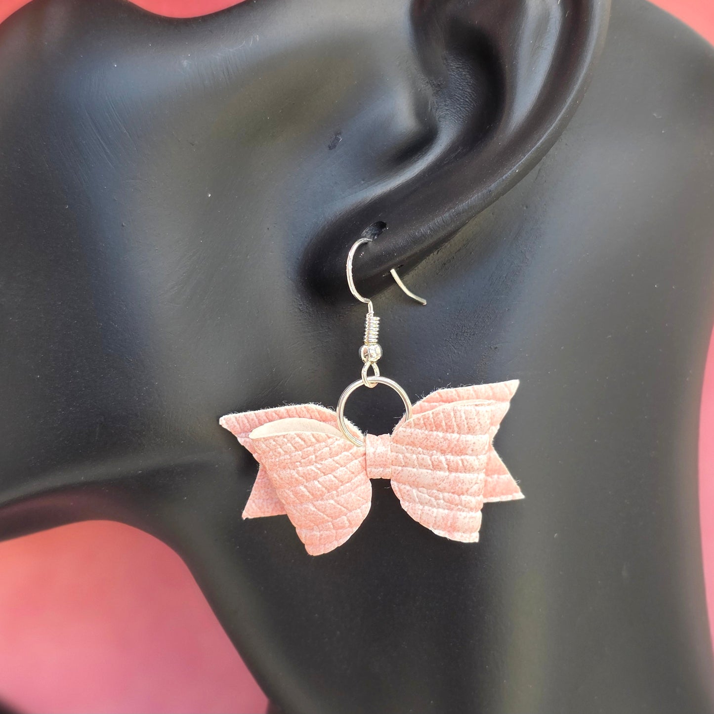Pink Crocodile Vegan Leather Bow Earrings