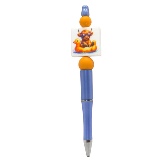 'Coo on a Rubber Duck' Highland Cow Handmade Ballpoint Pen in Blue & Orange
